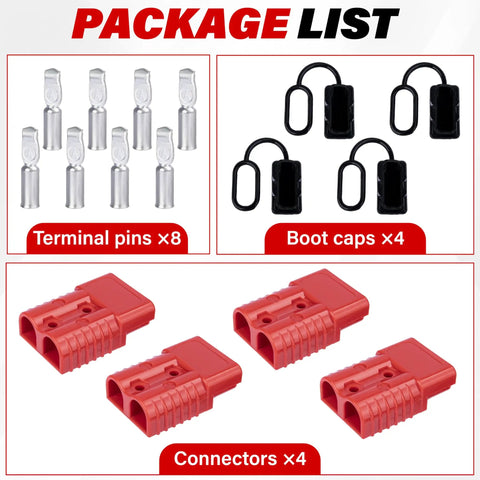 Package contents of 4 Pack 50 Amp Battery Quick Connect Disconnect Plug Kit For Anderson Style Connectors, includes terminals and boot caps.
