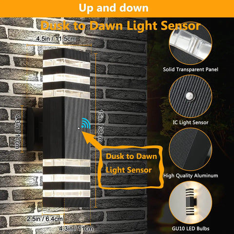 Two Pack Dusk To Dawn Exterior Wall Lights With Auto On Off Sensor, 14W 1200LM 3000K Warm White, Three Layer Aluminum