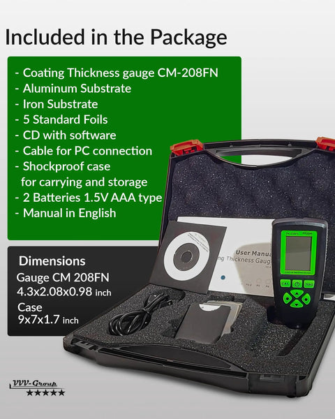 Pro Grade Paint Thickness Gauge For Auto Detailing And Inspections, 0-2000µm Range With 0.001 Mil Resolution, Fe/NFe Auto Detection, USB Data Export, Real World Coating Check For Repaints And Car Coating Condition. Kit in case with foils and cables
