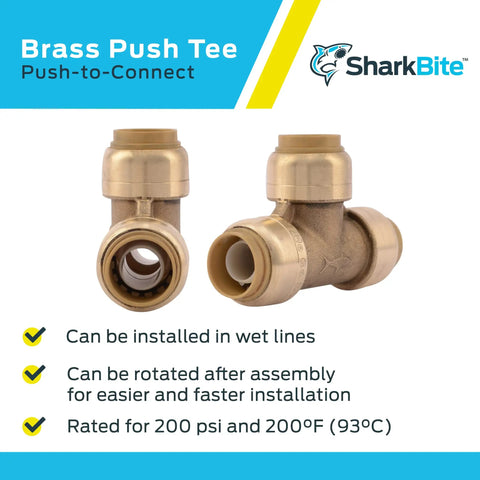 Half Inch Push To Connect Brass Tee Fitting For PEX Copper CPVC PE-RT HDPE Piping, Quick Connect Plumbing Tee For Tight Spaces, No Fuss Install, Durable Brass Construction, Underground And Behind Wall Ready