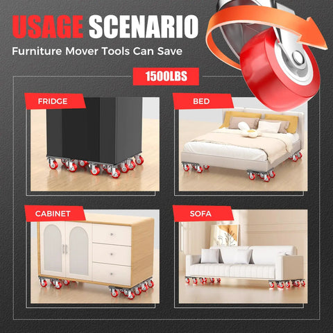 Heavy Duty Five Wheel Furniture Dollies Rocking 1500 Pound Capacity Industrial Carbon Steel Base under fridge, bed, cabinet, and sofa.