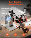 VEVOR 1500W Belt Grinder Sander With VFD Variable Speed Control showing 600-6000 RPM and brushless motor during grinding process.