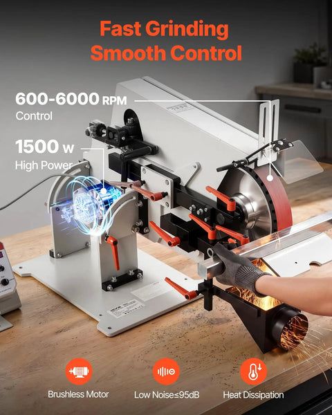 VEVOR 1500W Belt Grinder Sander With VFD Variable Speed Control showing 600-6000 RPM and brushless motor during grinding process.