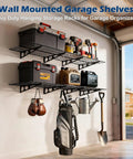Beefy Heavy Duty Garage Wall Shelves Set, 2x6 Ft Metal Storage Racks, tools and gear hanging on the shelves with hooks.