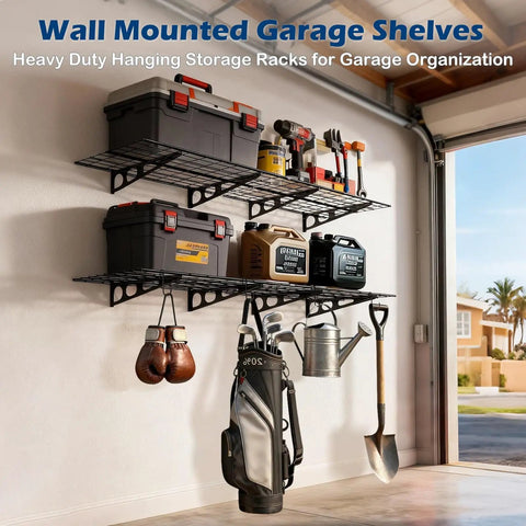 Beefy Heavy Duty Garage Wall Shelves Set, 2x6 Ft Metal Storage Racks, tools and gear hanging on the shelves with hooks.