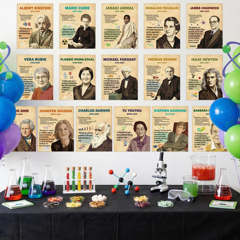 16 Piece Famous Scientists Posters Classroom Set With Retro Science Quotes Inspiring Bulletin Board Decor For Middle And High School Library Hallway Wall Art For STEM Classrooms And Study Corners displayed in a classroom setting with science equipment