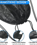 4 Pack Heavy Duty Mesh Drawstring Bags Pro Grade Nylon Net Bags For Scuba Diving Gym Hiking Beach Toys Travel Laundry Soccer Basketball Mushroom Foraging, showing mesh details and drawstring design.