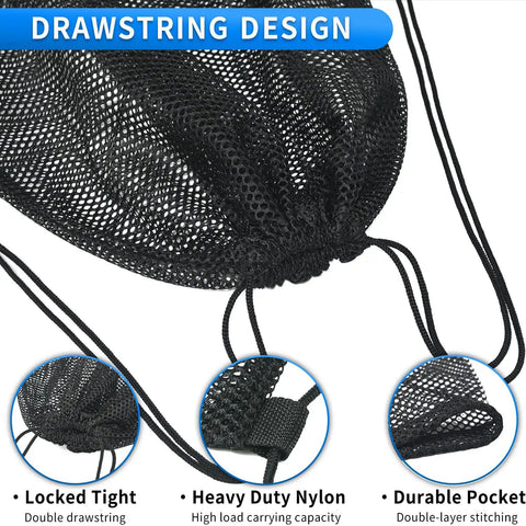 4 Pack Heavy Duty Mesh Drawstring Bags Pro Grade Nylon Net Bags For Scuba Diving Gym Hiking Beach Toys Travel Laundry Soccer Basketball Mushroom Foraging, showing mesh details and drawstring design.