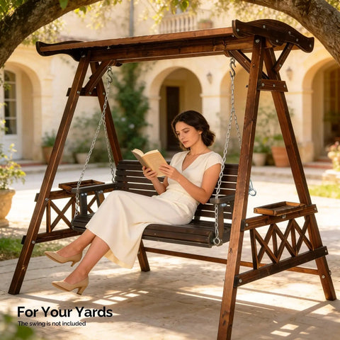 Heavy Duty Six Point Six Foot Porch Swing Frame With Adjustable Canopy Built To Last Wooden A Frame Stand Supports Up To 660 Lbs All Weather Outdoor Swing Frame With Cup Holders For Porch Patio Lawn Rustic