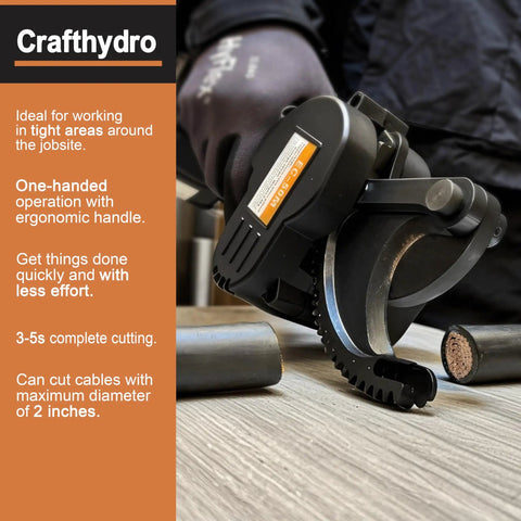 Cordless Ratcheting Cable Cutter in use, cutting metal pipe, featuring comfort grip handle and alloy steel blades.