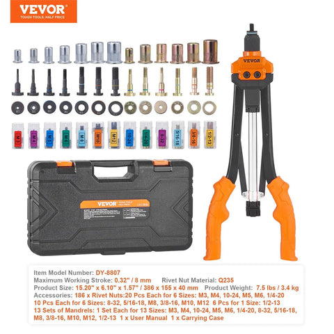 Rivet Nut Tool Kit 16 Inch With 13 Metric And SAE Mandrels, semi-auto tool with 186 rivet nuts, sizes M3 to M12, 1/4-20 to 10-24.