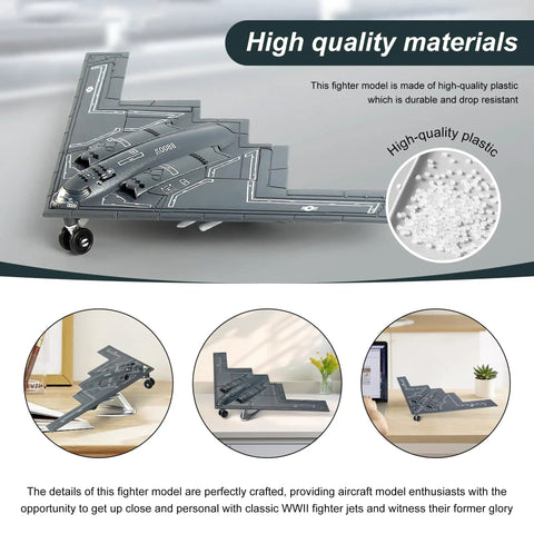 One To Two Hundred Scale B-2 Spirit Military Aircraft Quick Build Model Kit For Military Enthusiasts And Fans, Authentic Detailing, Easy Assembly, Durable Plastic Build shown with high-quality materials and finished model on display.