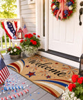 Patriotic 4th Of July Door Mat With Red White Blue Fireworks Design Welcome Mat With Heavy Duty Backing Faux Coco Coir Doormat