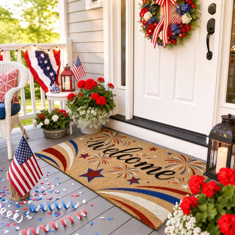 Patriotic 4th Of July Door Mat With Red White Blue Fireworks Design Welcome Mat With Heavy Duty Backing Faux Coco Coir Doormat