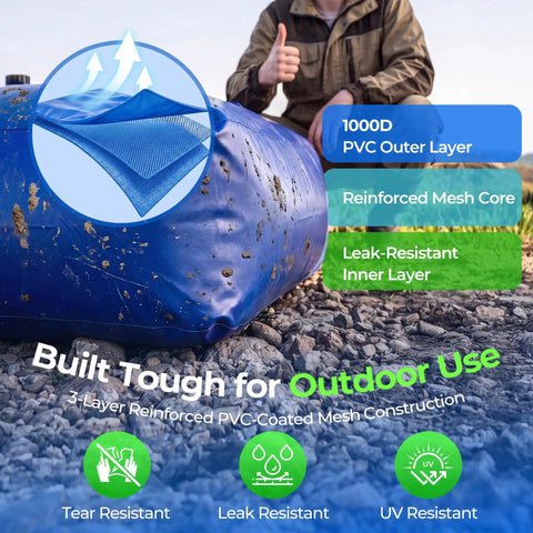 Close-up of the 1000L Portable Collapsible Water Bladder Tank For Camping And RV Use Grab And Go Heavy Duty PVC Bag on rocky ground.