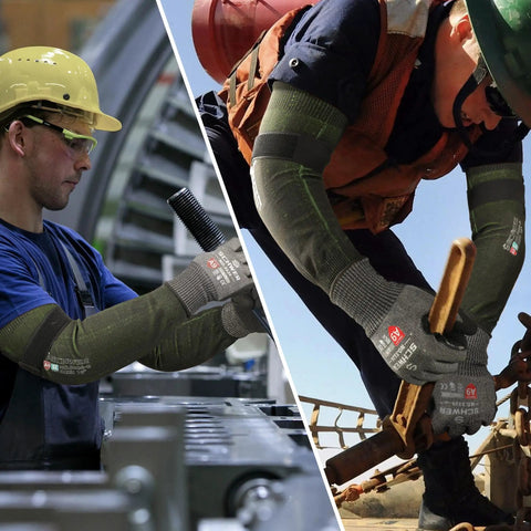 Workers wearing Cut Resistant Arm Sleeves ANSI A9 For Men And Women With Puncture Protection, UPF50 Plus UV Blocking Cooling Sleeves.