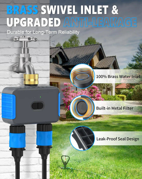 2 Zone WiFi Sprinkler Timer With App Control showcasing brass inlet, metal filter, dual outlets in outdoor garden