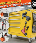 Magnetic Hooks 2 Pack Heavy Duty With Anti Slip Coating And Non Slip Bent Design For Garden Tools And Ropes 20 Lb Capacity Pegboard And Metal Cabinet Organizer For Drills attached to yellow metal cabinet holding tools and ropes.