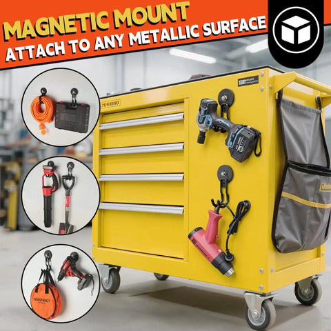 Magnetic Hooks 2 Pack Heavy Duty With Anti Slip Coating And Non Slip Bent Design For Garden Tools And Ropes 20 Lb Capacity Pegboard And Metal Cabinet Organizer For Drills attached to yellow metal cabinet holding tools and ropes.