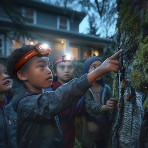 Children exploring with Five Pack Kids Headlamps With Red Light And Memory Function, camping and adventure at night