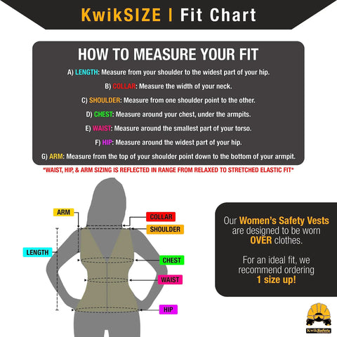 Measurement guide for Womens Hi Viz Safety Vest With 9 Pockets, Class 2 Reflective ANSI OSHA Rated, Snug Fit Construction Gear, Yellow Small