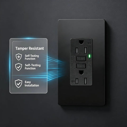Sleek Black GFCI Outlet 15 Amp GFI Electrical Receptacle with tamper-resistant features and self-testing function.