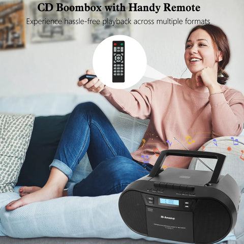Woman using remote with Retro Boombox CD Player And Cassette Player Combo With Bluetooth USB TF Card FM Radio AUX AC DC