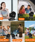 Collage of 40,000mAh Battery Powered Camping Fan with Remote in various outdoor and indoor settings.