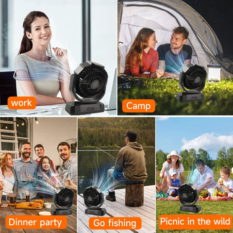Collage of 40,000mAh Battery Powered Camping Fan with Remote in various outdoor and indoor settings.