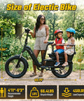 Family Cargo Ebike With Built In Child Seat And Rear Guardrail, 1500W Peak Motor, 20 Inch Fat Tires, Removable 48V 15Ah Battery, Dual Hydraulic Brakes, LCD And App Control, 7 Speed Step Through Electric Bicycle For Everyday Family Adventures showing size specs and child seat