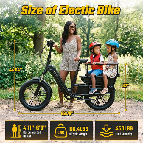 Family Cargo Ebike With Built In Child Seat And Rear Guardrail, 1500W Peak Motor, 20 Inch Fat Tires, Removable 48V 15Ah Battery, Dual Hydraulic Brakes, LCD And App Control, 7 Speed Step Through Electric Bicycle For Everyday Family Adventures showing size specs and child seat