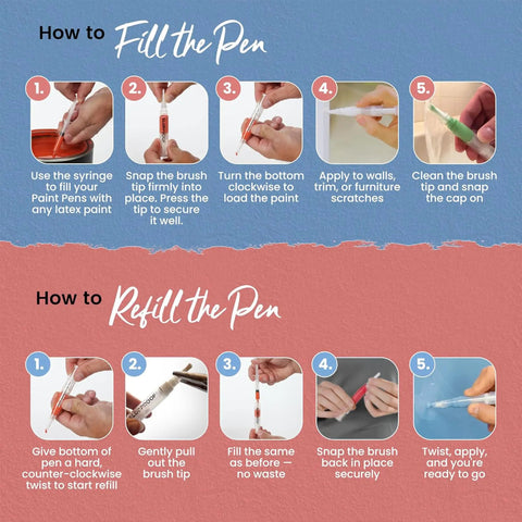 Instructions for using refillable touch up paint pen for walls and furniture, mess free DIY tool, precise color match, easy refill.