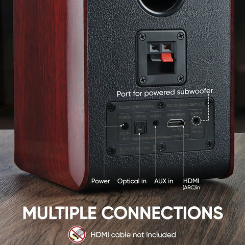 Back panel of Powered Bluetooth Bookshelf Speakers With 3.75 Inch Woofer, 30W Per Channel showing various input ports.