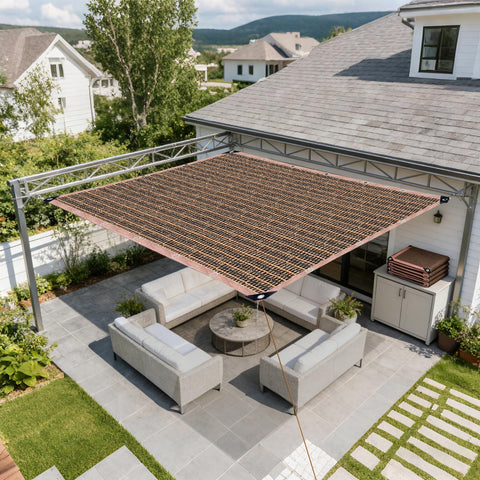 90 Percent Shade Cloth With Grommets For Pergola Cover over patio seating area, heavy duty HDPE mesh tarp blocks sun, allows rain through