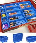 42 Pack Tool Box Organizer Tray Dividers for Rolling Chest Cabinet and Workbench Storage Keeps Hardware Screws Nuts and Small Tools Neat and Tidy with Easy Drawer Organization Blue showing tools in red drawer.