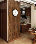 Brown Wood Grain Contact Paper Peel And Stick For Cabinets And Countertops applied in a kitchen with a wall clock and dining table.