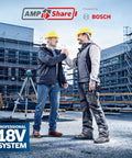 Two construction workers in hard hats shaking hands on a job site, highlighting teamwork and the Professional 18V System.