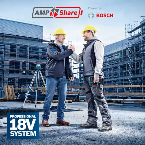 Two construction workers in hard hats shaking hands on a job site, highlighting teamwork and the Professional 18V System.