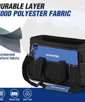 16 Inch Wide Mouth Tool Bag With Waterproof Molded Base, black and blue, heavy duty 600D polyester, WorkPro brand