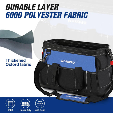 16 Inch Wide Mouth Tool Bag With Waterproof Molded Base, black and blue, heavy duty 600D polyester, WorkPro brand