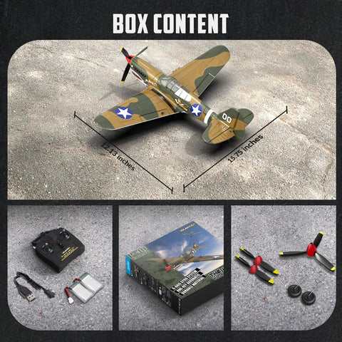 4 Channel RC Plane P40 Fighter With Aileron And 6 Axis Gyro, box content showing plane, remote, packaging, and accessories