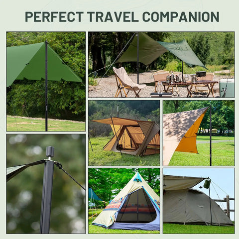 Heavy Duty Adjustable Tarp Poles, 9.2ft Aviation Aluminum Telescoping Tent Poles with large green canopy setup