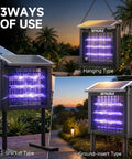 Three types of Solar Bug Zapper For Outdoor Use, Waterproof Mosquito Fly Killer With 4500V Grid, shown hanging, on T-bracket, and ground-insert.