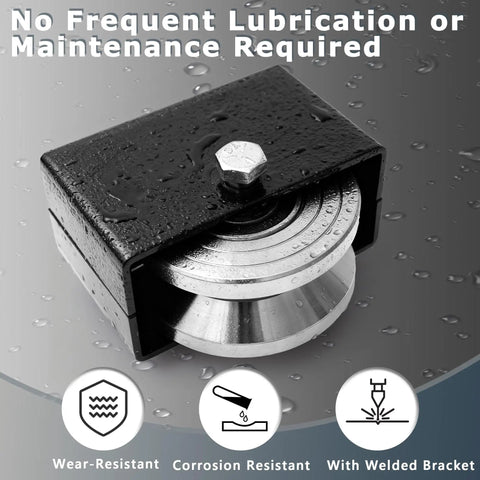 4 Inch V Groove Sliding Gate Roller Wheels 2 Pack Featuring Rugged Steel Construction And Welded Mounting Brackets close-up with water droplets.