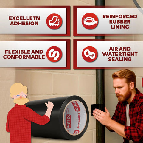 Waterproof Patch Seal Tape For Quick Leak Fixes, 6 Inch By 5 Foot Black, Flexible Silicone-Butyl Adhesive Delivers Instant Watertight Bond On Wet And Submerged Surfaces, shown applied on a pipe with benefits listed.