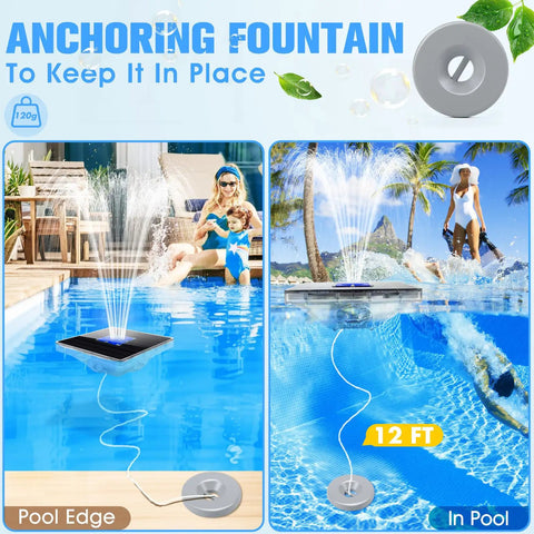 Upgraded 2026 Solar Pool Fountain With Light Show, anchored pool edge, solar-powered, large floating water fountain in use