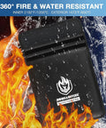 UL Certified Two Pocket Fireproof Document Bag With 2000F Heat Resistance shown amidst fire and water, 15x11 inches size.