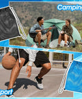 Set Of 2 Oversized Mesh Gear Bags 19 By 27 Inches In Black And Blue Drawstring Net Storage For Diving Snorkeling Fins Swim Gear Beach Gear And Sports Balls shown with camping and basketball scenes.