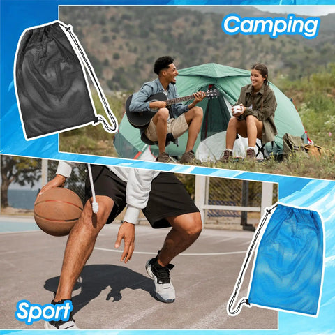 Set Of 2 Oversized Mesh Gear Bags 19 By 27 Inches In Black And Blue Drawstring Net Storage For Diving Snorkeling Fins Swim Gear Beach Gear And Sports Balls shown with camping and basketball scenes.