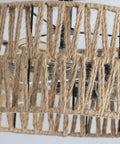 Close-up of Three Light Rustic Woven Flush Mount Ceiling Fixture With Industrial Metal Finish, showing detailed weave.